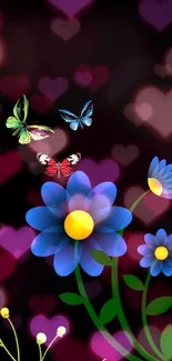 Colorful butterflies and blue flowers on black background.