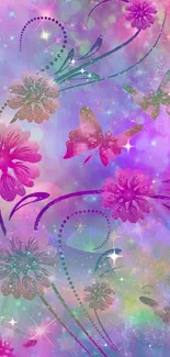 Colorful wallpaper with flowers and butterflies in vibrant pink and green hues.