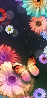 Vibrant floral wallpaper with butterflies.