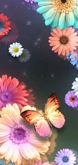 Colorful flowers and butterfly mobile wallpaper with vibrant, natural hues.