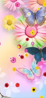 Vibrant mobile wallpaper with butterflies and colorful flowers.