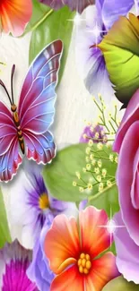 Colorful floral wallpaper with butterfly.