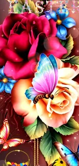 Vibrant floral wallpaper with butterflies, featuring roses and colorful flowers.