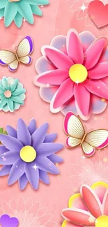 Vibrant mobile wallpaper with flowers and butterflies on a pink background.