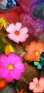 Colorful floral and butterfly mobile wallpaper with vivid hues.