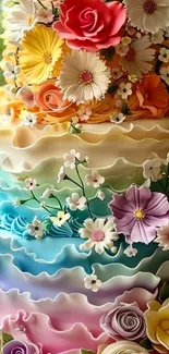 Vibrant rainbow cake with floral decorations