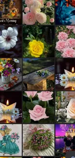 Vibrant collage of flowers and candles with pastel tones, perfect for wallpaper.