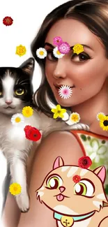 Illustrated woman with cats and colorful flowers on white background.