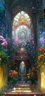 Intricate floral cathedral artwork with bright yellow and colorful flowers.