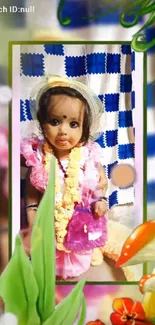 Child in festive attire with floral frame background.