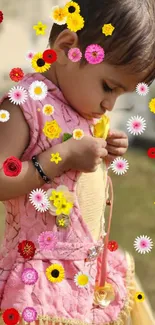 Child with vibrant flowers background.