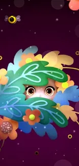 Cute creature peeking through colorful flowers and leaves on a mobile wallpaper.