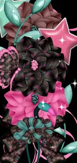 Vibrant floral mobile wallpaper with stars and ribbons.