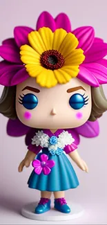 Cartoon doll with floral headpiece in vibrant colors on lavender background.