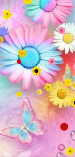 Colorful flowers and butterflies on a vibrant background.