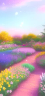 Colorful floral wallpaper with a scenic garden path and pastel skies.