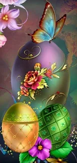 Colorful mobile wallpaper with Easter eggs, flowers, and a butterfly.