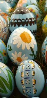 Colorful blue Easter eggs with floral designs.