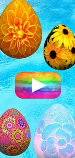 Vibrant wallpaper of floral Easter eggs on a blue background.