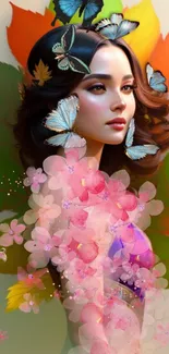 Vibrant fantasy art wallpaper with flowers and butterflies.