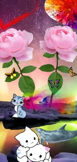 Colorful fantasy wallpaper with roses, butterflies, and cats.