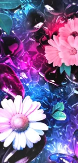 Vibrant floral fantasy wallpaper with glowing flowers and butterfly.