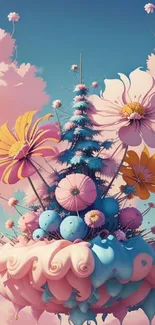 Colorful pastel fantasy floral scene with whimsical flowers and dreamy clouds.