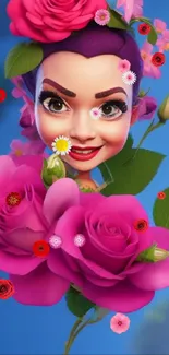 Fantasy character with pink roses on blue background wallpaper.