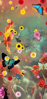 Colorful floral fantasy wallpaper with butterflies and fairies.