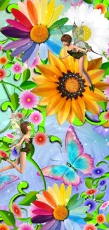 Colorful floral wallpaper with fairies and butterflies.