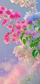 Vibrant floral wallpaper with pink, blue, and white blossoms and green leaves.