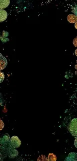 Vibrant floral frame with glittering green petals on a black background.