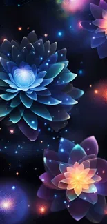 Colorful digital floral galaxy wallpaper with glowing flowers.