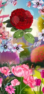 Colorful floral garden wallpaper with vibrant flowers and lush greenery.