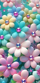 Vibrant wallpaper with pastel flowers and gem-like centers.