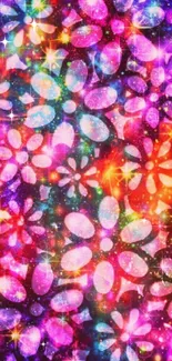 Colorful floral wallpaper with glittering sparkles and vibrant hues.