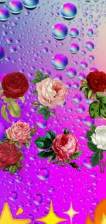 Vibrant mobile wallpaper with roses, gradient background, droplets, and stars.