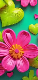 3D pink flowers and green hearts vibrant wallpaper