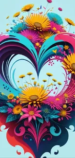 Vibrant floral heart wallpaper with dynamic color patterns and flowers.