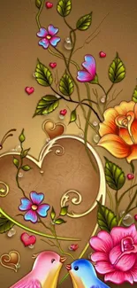 Colorful floral heart wallpaper with birds and butterflies.