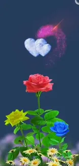 Colorful rose flowers with heart clouds in a night sky background.