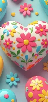 Colorful floral heart with pastel designs.
