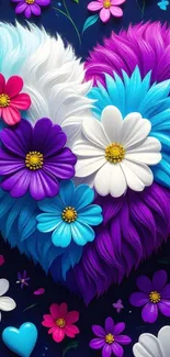 Vibrant heart-shaped floral wallpaper with colorful flowers.