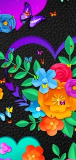 Colorful floral wallpaper with hearts and butterflies on black.