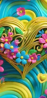 Vibrant golden heart with colorful flowers on a swirling blue background.