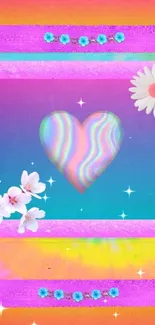 Colorful wallpaper with heart and flowers on a vibrant gradient background.