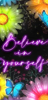 Bright flowers and butterflies with 'Believe in Yourself' text.