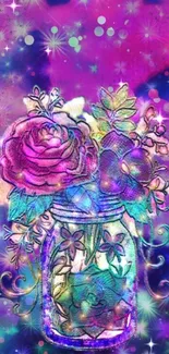 Vibrant floral jar wallpaper with purple and pink abstract design.