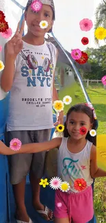 Vibrant wallpaper with kids and colorful flowers in an outdoor setting.