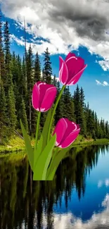 Vibrant pink flowers by a reflective lake with a clear blue sky.